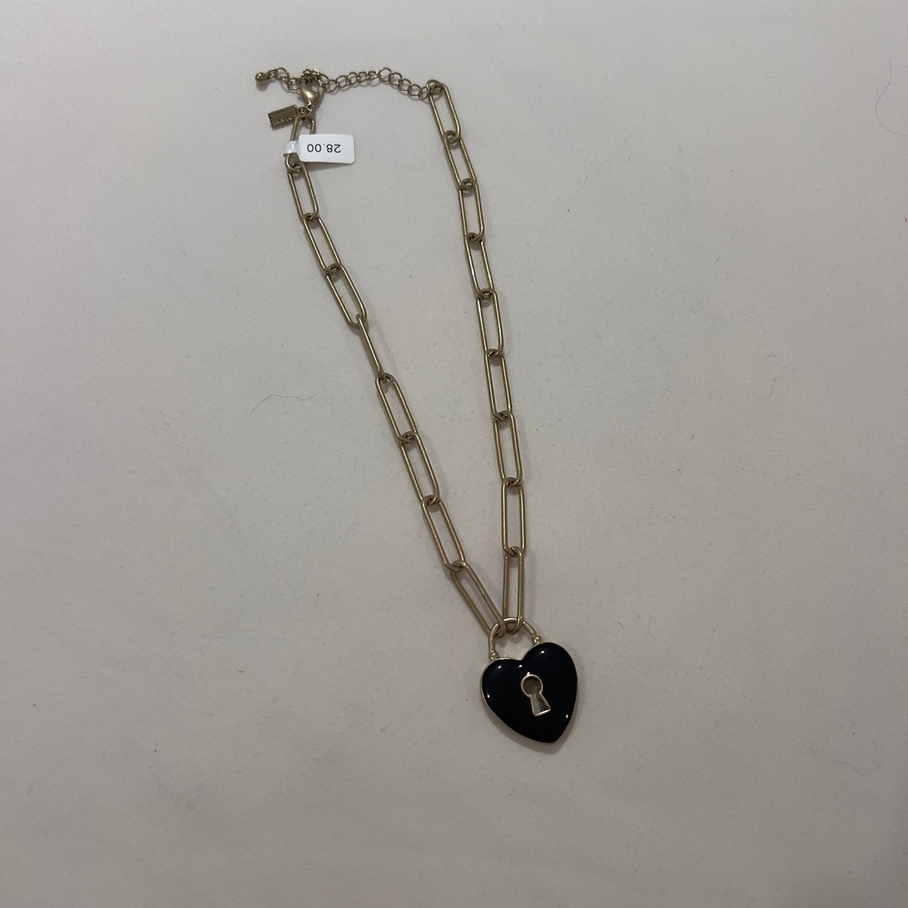 Gold Tone Paperclip Chain Black Enamel Heart Padlock Keyhole Necklace‎